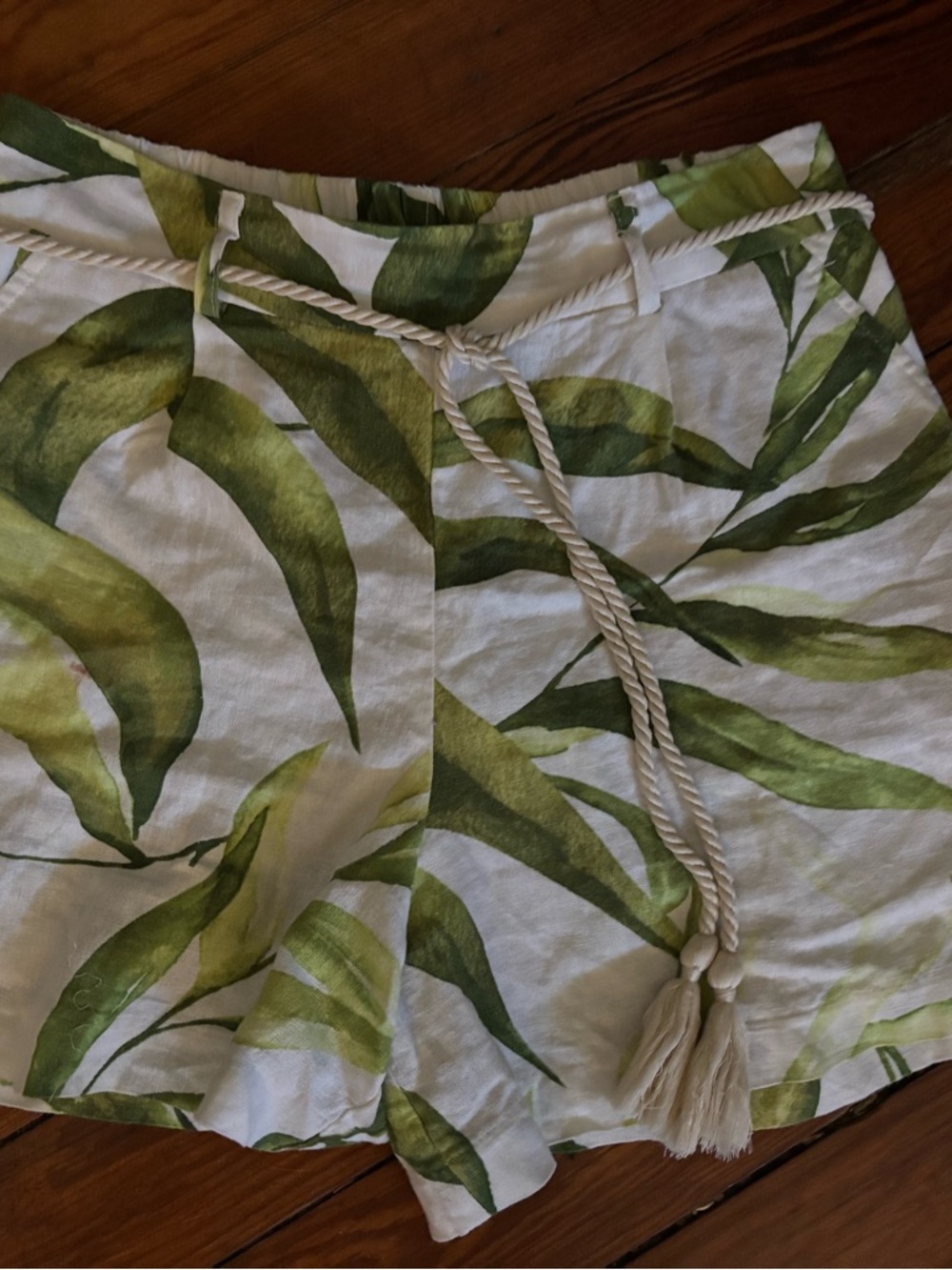 Joie White Shorts with Green Leaf Print and Braided Rope Tie